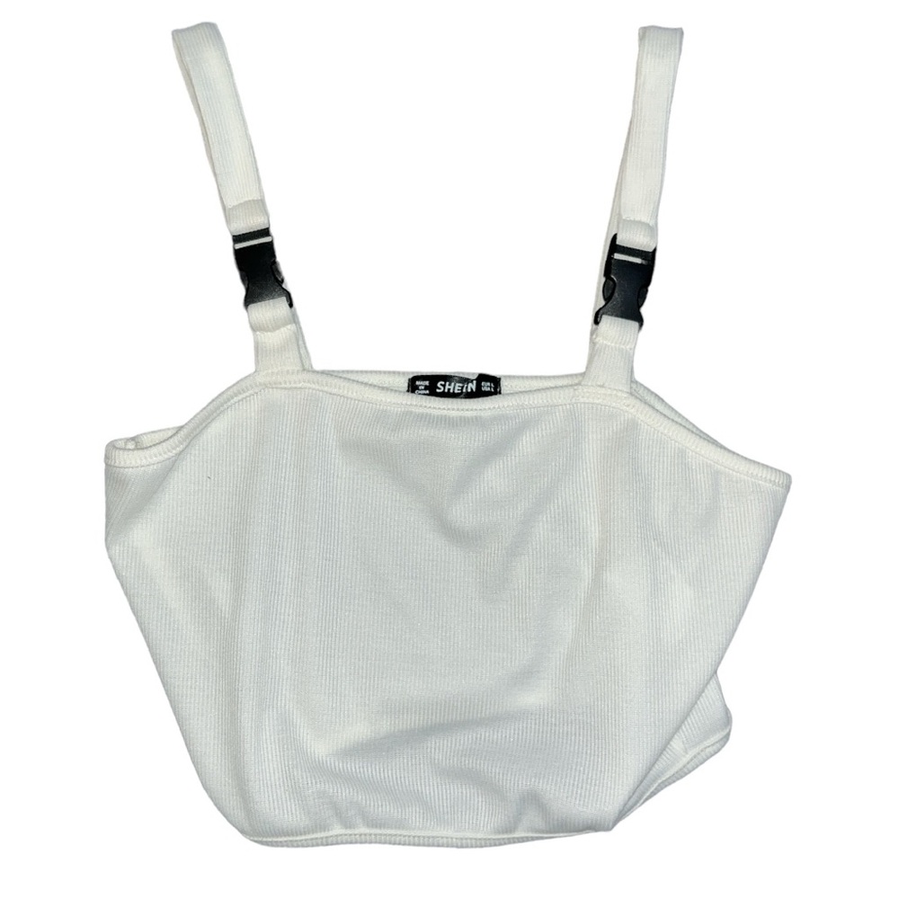 Nwot SHEIN Ribbed Solid White Seltbelt Strap Crop Top Size Large